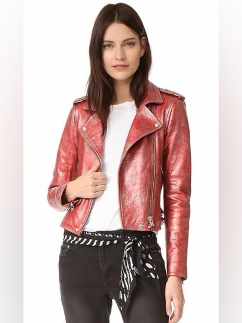 IRO AXELLE red metallic leather moto jacket